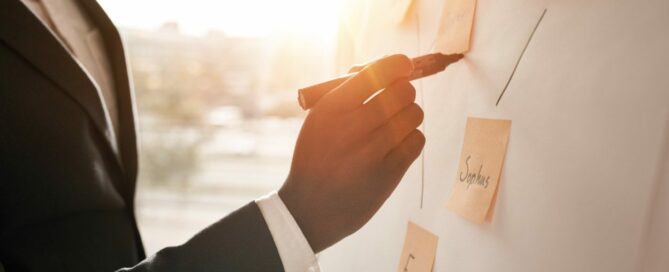 Businessman putting his ideas in white board